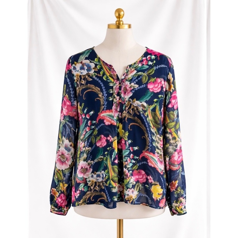 Soft Surroundings‎ Popover Top Flowy Chiffon 3X Navy Blue Pink Floral Pintucked